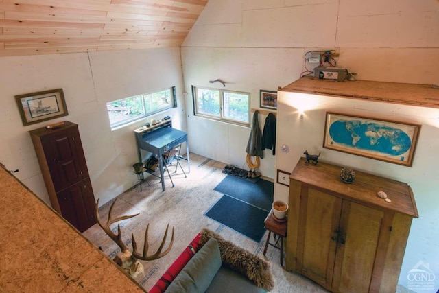 interior space featuring vaulted ceiling and wooden ceiling