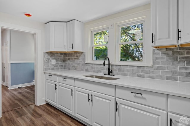 kitchen featuring sink, dark hardwood / wood-style floors, tasteful backsplash, light stone counters, and white cabinetry