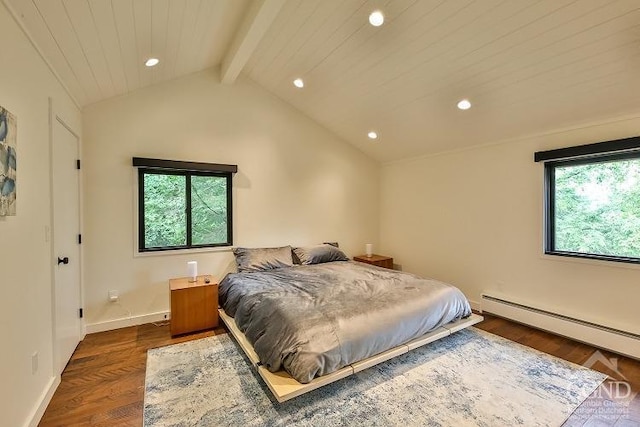 bedroom with baseboard heating, vaulted ceiling with beams, and dark hardwood / wood-style floors