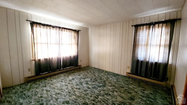 spare room with carpet and wood walls