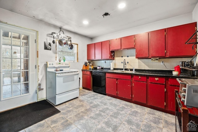 kitchen featuring backsplash, dishwasher, white electric range oven, and sink