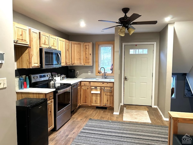 kitchen with ceiling fan, sink, light wood-type flooring, and appliances with stainless steel finishes