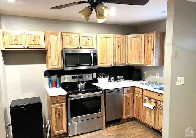 kitchen with appliances with stainless steel finishes, light wood-type flooring, and ceiling fan