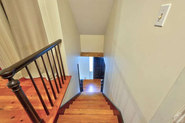 stairs featuring hardwood / wood-style floors