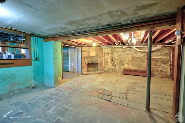 basement featuring a fireplace