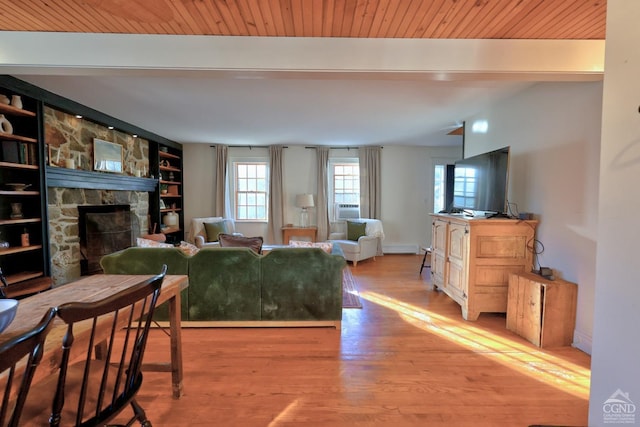 living room featuring light hardwood / wood-style floors, wood ceiling, a fireplace, and cooling unit