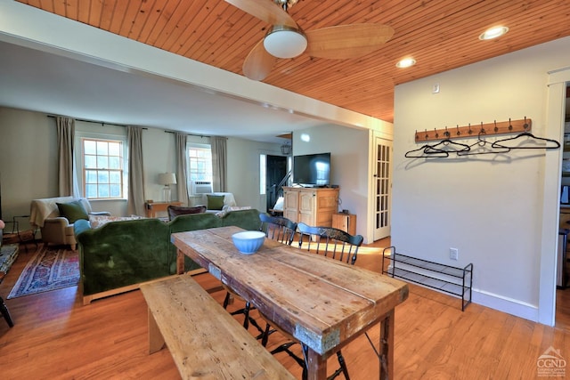 dining space with cooling unit, light hardwood / wood-style floors, ceiling fan, and wooden ceiling