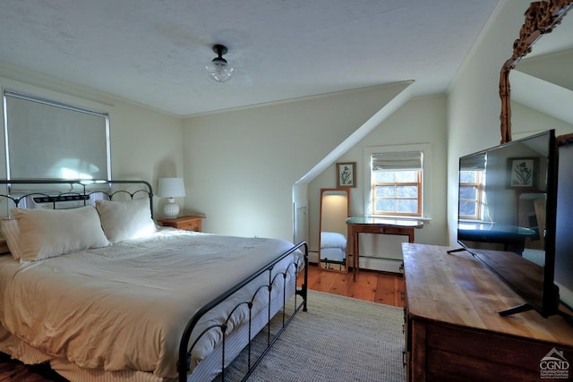 bedroom featuring vaulted ceiling, light hardwood / wood-style floors, a baseboard radiator, and ornamental molding