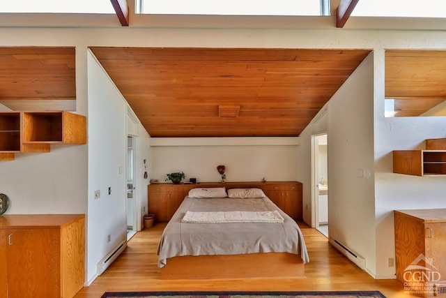 bedroom with light wood-type flooring, wooden ceiling, multiple windows, and a baseboard heating unit