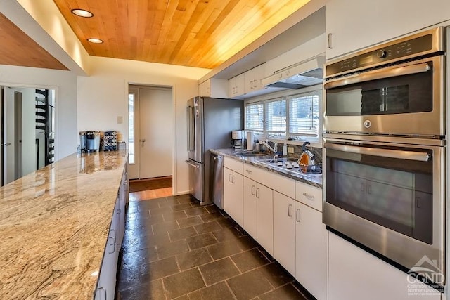 kitchen with white cabinetry, light stone counters, wood ceiling, and appliances with stainless steel finishes