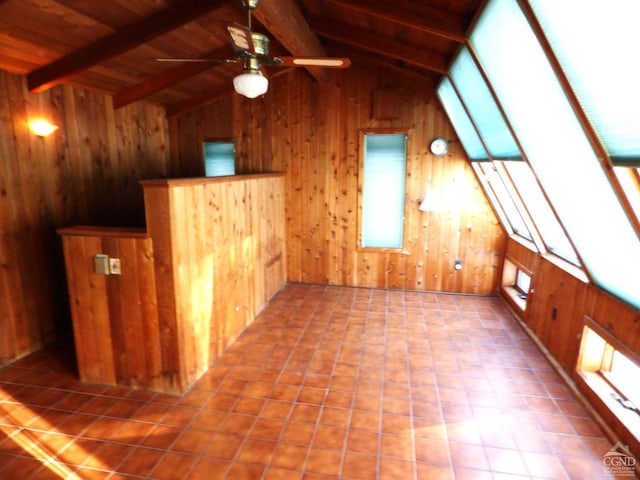 bonus room featuring lofted ceiling with beams, ceiling fan, and wood walls