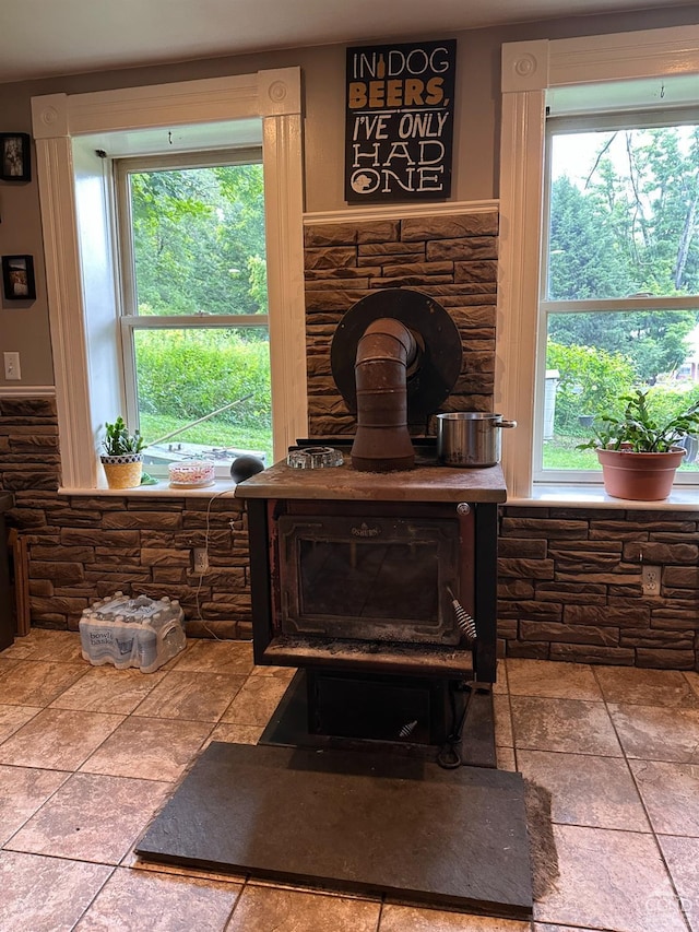 interior details featuring a wood stove