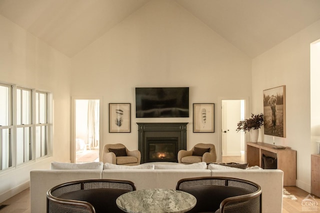 living room with high vaulted ceiling and light hardwood / wood-style flooring