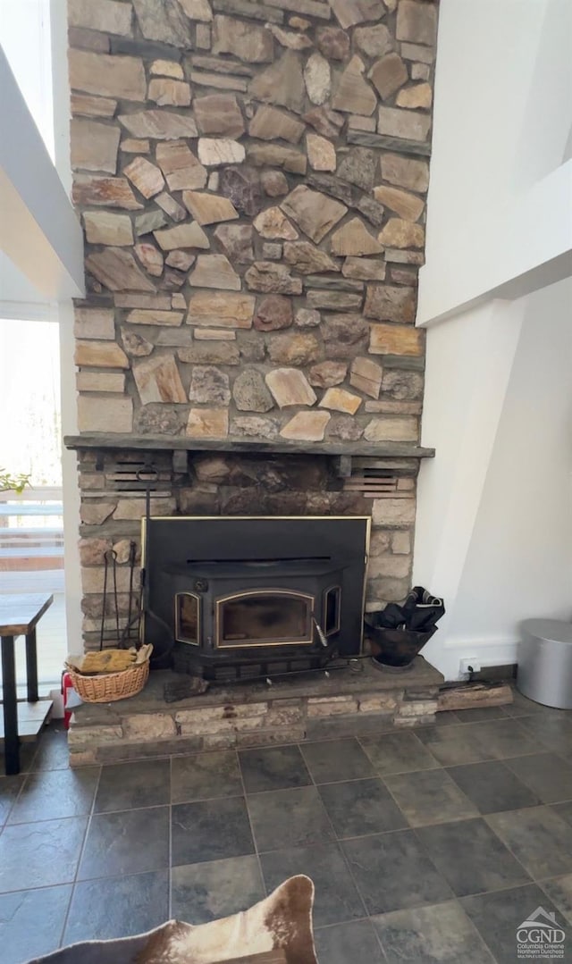 room details featuring a wood stove