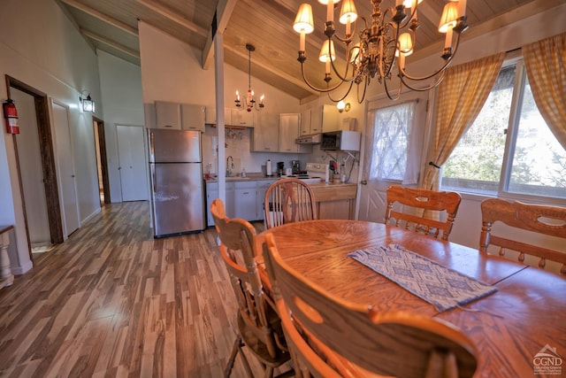 dining room with beam ceiling, sink, high vaulted ceiling, hardwood / wood-style floors, and a chandelier