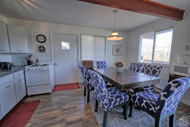 dining area with beamed ceiling, dark hardwood / wood-style floors, and a baseboard heating unit