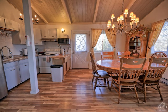 dining space with sink, hardwood / wood-style flooring, vaulted ceiling with beams, a notable chandelier, and wood ceiling