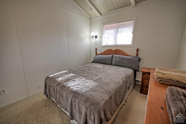 bedroom with light colored carpet, vaulted ceiling, and a baseboard heating unit