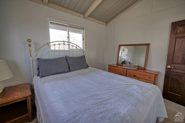 bedroom featuring wood ceiling, carpet, and lofted ceiling with beams