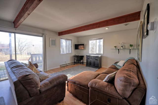 living room featuring light hardwood / wood-style flooring, beamed ceiling, and a baseboard heating unit