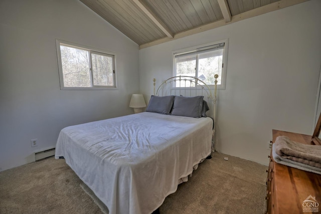 carpeted bedroom featuring wood ceiling, lofted ceiling with beams, and a baseboard radiator