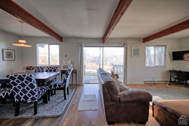 living room with baseboard heating, hardwood / wood-style floors, and beamed ceiling