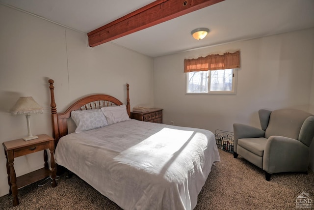 carpeted bedroom featuring beamed ceiling