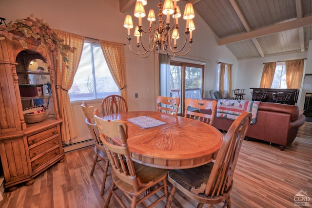 dining area featuring hardwood / wood-style flooring, vaulted ceiling with beams, a healthy amount of sunlight, and a baseboard radiator