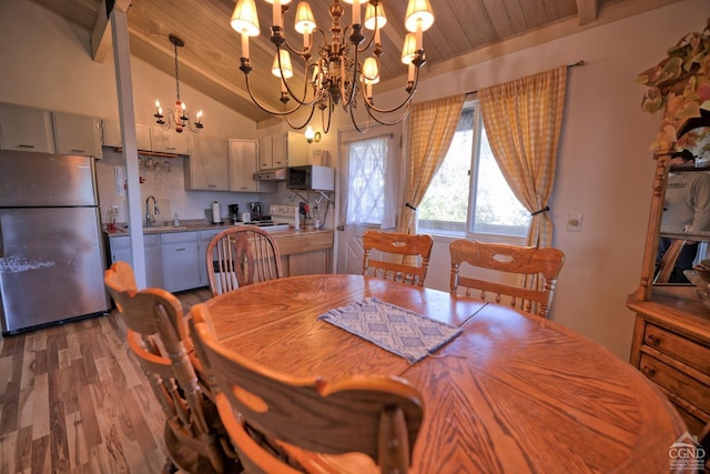 dining area featuring sink, dark hardwood / wood-style flooring, high vaulted ceiling, a chandelier, and wood ceiling