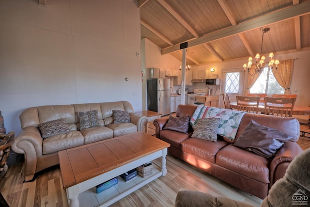 living room with wood ceiling, light hardwood / wood-style flooring, lofted ceiling with beams, and a notable chandelier