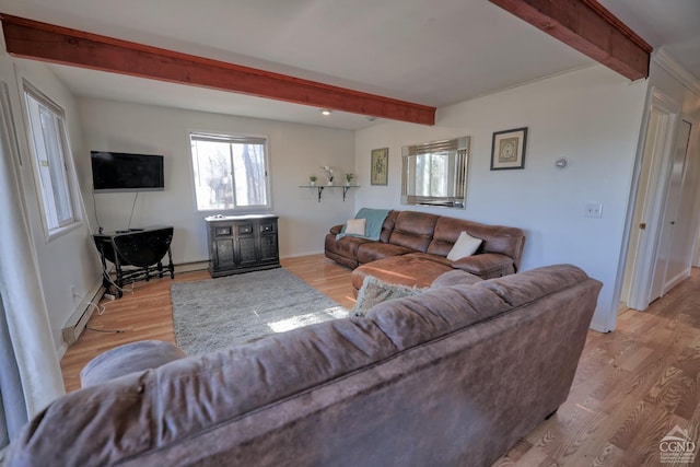 living room featuring beamed ceiling and light wood-type flooring