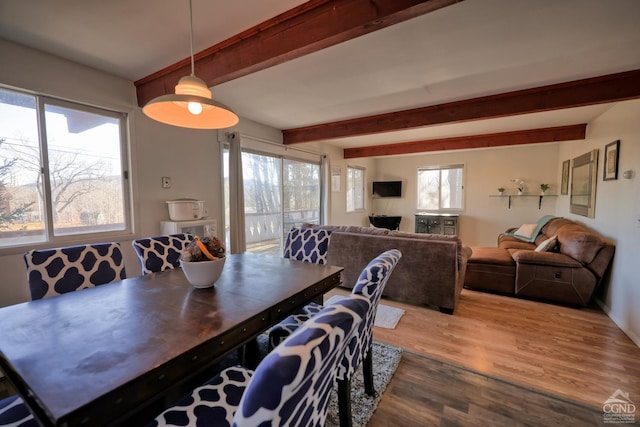 dining space with beamed ceiling, a healthy amount of sunlight, and wood-type flooring