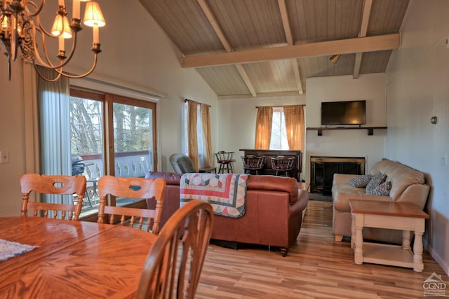 dining area featuring lofted ceiling with beams, hardwood / wood-style flooring, an inviting chandelier, and wood ceiling