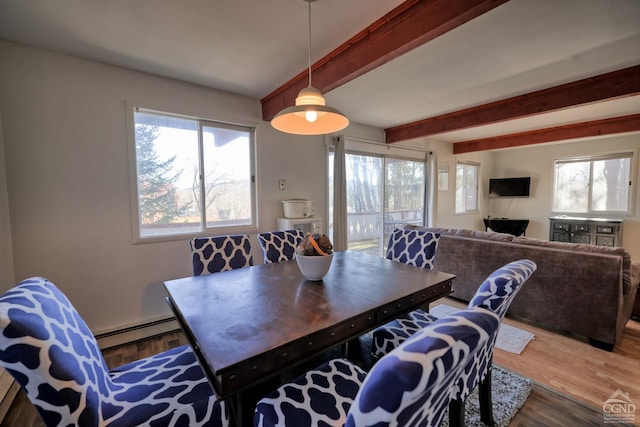 dining room featuring a healthy amount of sunlight, wood-type flooring, beam ceiling, and a baseboard radiator