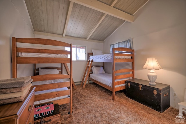 carpeted bedroom featuring vaulted ceiling with beams and wooden ceiling