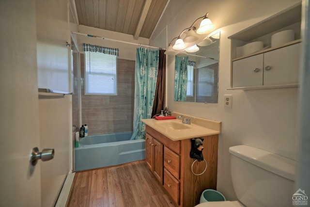 full bathroom with vanity, toilet, shower / tub combo with curtain, wood-type flooring, and wood ceiling