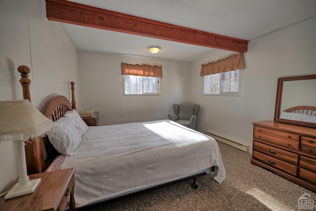 carpeted bedroom featuring beamed ceiling and a baseboard heating unit