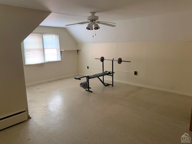 exercise room featuring ceiling fan, lofted ceiling, and baseboard heating