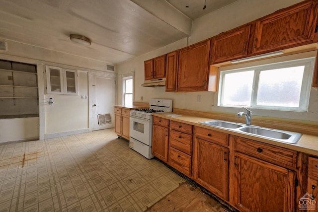 kitchen with white gas stove and sink