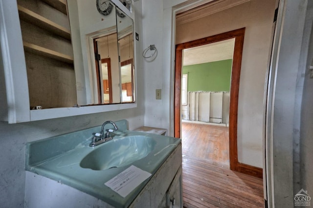 bathroom featuring vanity and hardwood / wood-style flooring