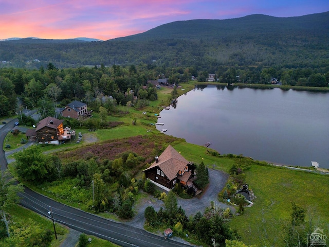 aerial view at dusk with a water and mountain view