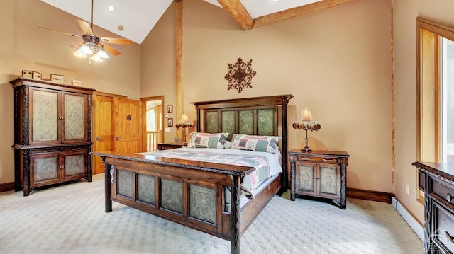 bedroom with light carpet, high vaulted ceiling, ceiling fan, and beamed ceiling