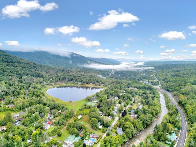 aerial view featuring a water and mountain view