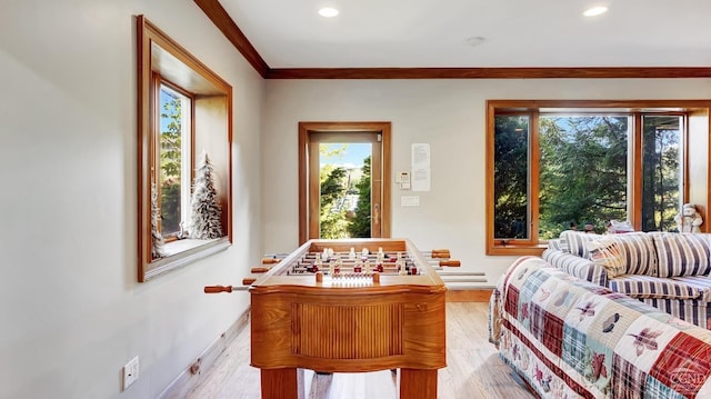 bedroom with crown molding and light hardwood / wood-style floors