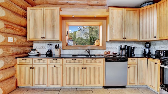 kitchen with sink, log walls, stainless steel dishwasher, backsplash, and light brown cabinetry