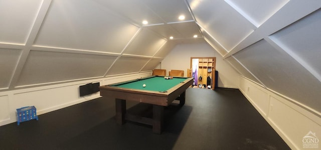 recreation room with billiards and vaulted ceiling