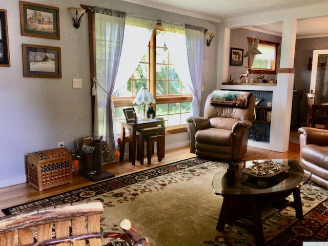 living area with ornamental molding, a fireplace, wood finished floors, and baseboards