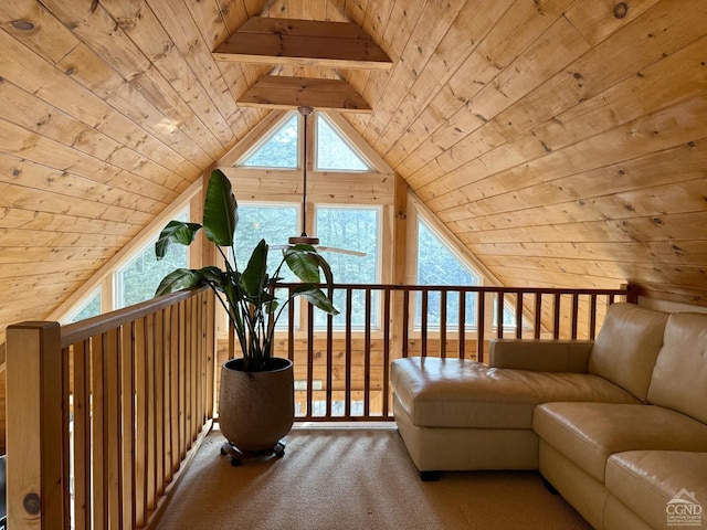 bonus room with wooden ceiling, carpet, and vaulted ceiling