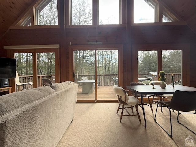 carpeted dining room featuring lofted ceiling, wooden ceiling, and wood walls