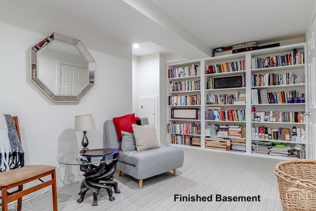 living area featuring carpet